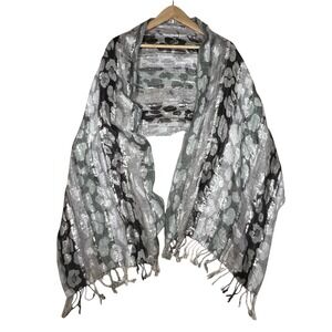 Badgley Mischka Scarf Wrap Silver Black Gray Leopard Pashmina Metallic Fringe